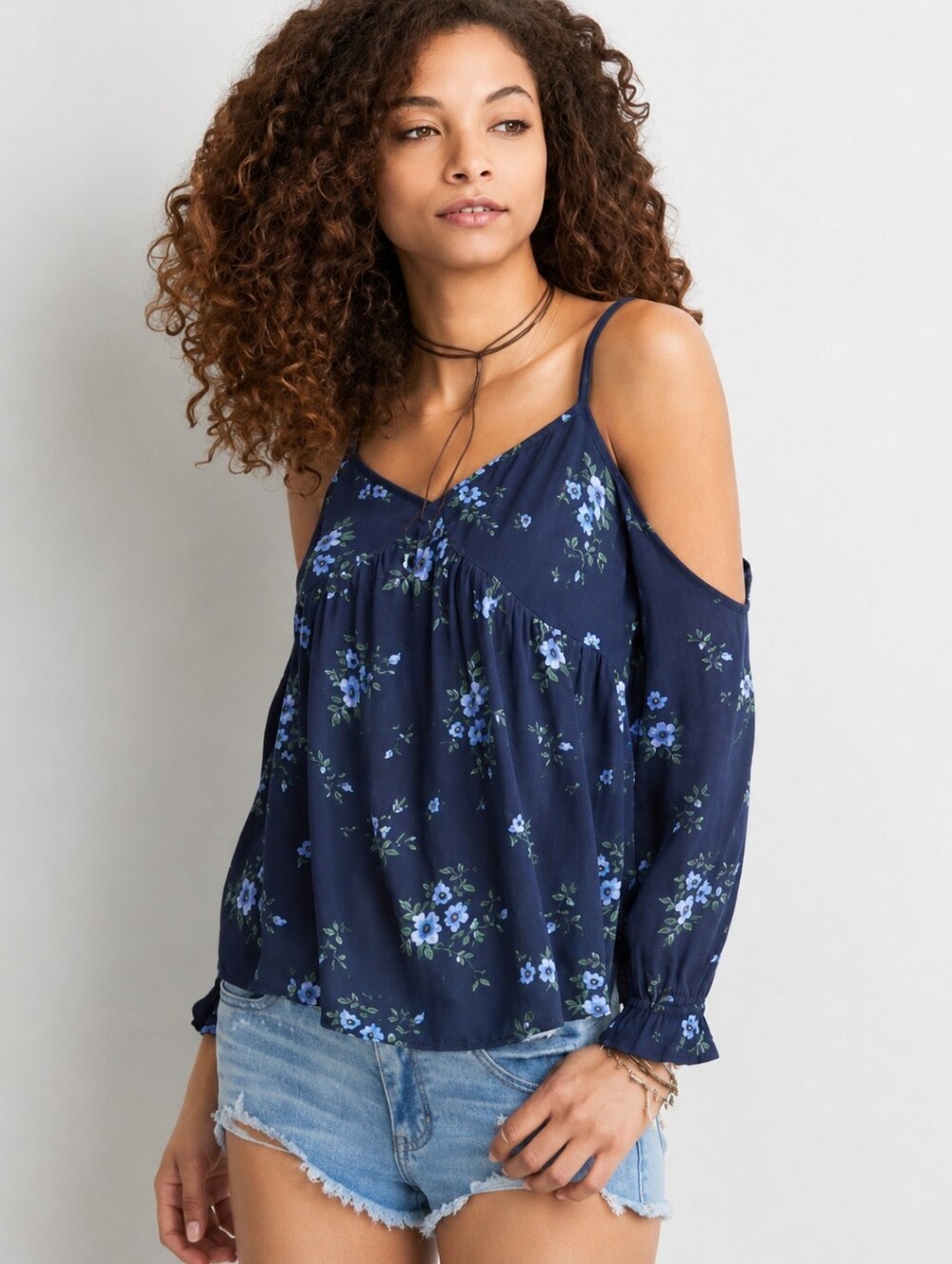 American Eagle Outfitters Navy Floral Cold-Shoulder Blouse